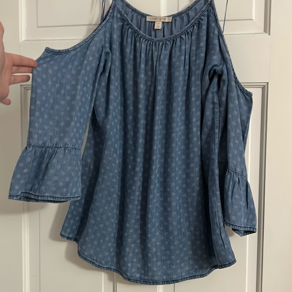 Skies are blue, medium, denim blouse, worn once, perfect condition